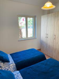 1 dormitorio con 2 camas azules y ventana en Marina Apartament, en Scalea