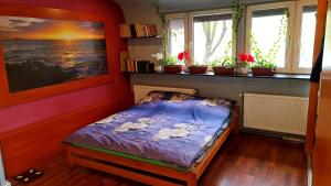 uma pequena cama num quarto com janelas em Apartament Katowice Dębowa71 em Katowice