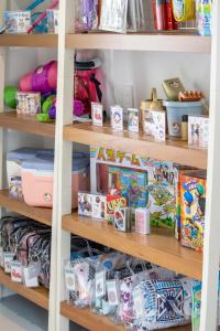 a book shelf filled with lots of toys and games at Hotel Santa Barbara Miyakojima Resort in Miyako-jima