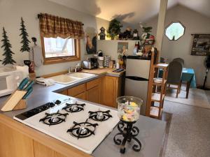 a kitchen with a stove and a counter top at Soldotna Alaska 1 bedroom Split Level Guesthouse in Soldotna +26 photos