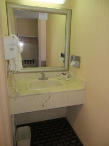 a bathroom with a sink and a mirror at Ramada Limited Calgary in Calgary