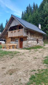 Mrzli StudenecHut Vaznik的小木屋前方设有野餐桌