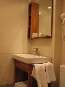 a bathroom with a sink and a mirror and a toilet at Hotel Ruta de la Plata de Asturias in Pola de Lena