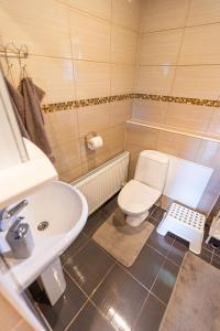 a bathroom with a white toilet and a sink at Schneider hause in Jūrmala