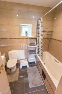 uma casa de banho com uma banheira, um WC e um lavatório. em Schneider hause em Jūrmala