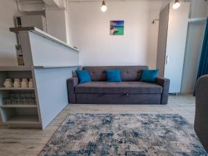 un soggiorno con divano e cuscini blu di MafMaf Apartments a Mamaia Nord - Năvodari