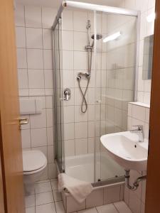 a bathroom with a shower and a toilet and a sink at Landgasthof Ochsen in Wutöschingen