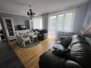 a living room with a leather couch and a table at Apartament Kościuszki 1 M15 in Krynica Zdrój