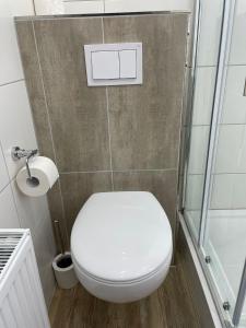 een kleine badkamer met een toilet en een douche bij Hotel Zur Post in Geest