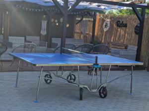 - une table de ping-pong bleue assise sur une terrasse dans l'établissement Vama veche de la Bran, à Bran