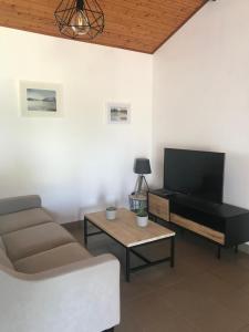a living room with a couch and a flat screen tv at les gîtes de La Cossais in Saint-Cyr-en-Talmondais
