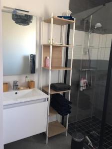 uma casa de banho com um lavatório e um chuveiro com uma prateleira em Maison cosy à 400 m de la mer! em Saint-Vincent-sur-Jard
