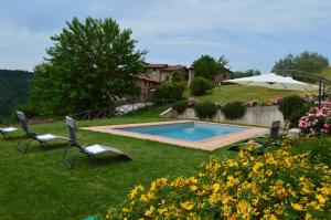 a swimming pool in a yard with chairs and flowers at Agriturismo Podere Terrena in San Vincenti