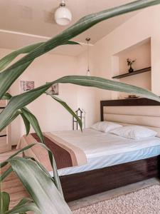a bedroom with a bed with a large green plant at Family House in Vinnytsya