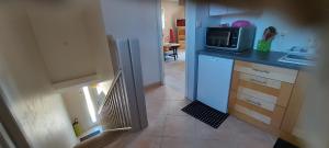 a kitchen with a counter top with a microwave at Chambre d'hôte Fleur de Potager in Les Sables-d'Olonne