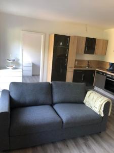 a blue couch in a living room with a kitchen at Ferienwohnung Marli in Marburg an der Lahn