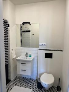 a white bathroom with a toilet and a sink at Willa w Centrum in Zielona Góra