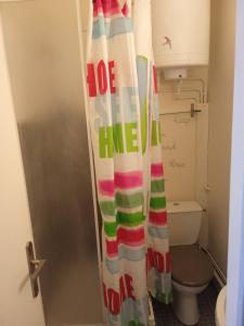 een badkamer met een douchegordijn en een toilet bij Studio RDC - Marina 4 - 13 allée des Pinons - 0-1 in Saint-Jean-de-Monts