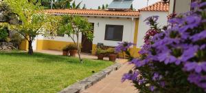 una casa con fiori viola di fronte a un cortile di La Finca III a Breña Baja