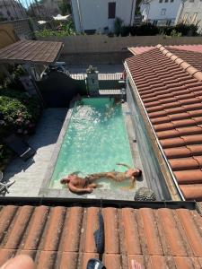 zwei Personen schwimmen in einem Pool auf dem Dach in der Unterkunft Cactus house in Corchiano