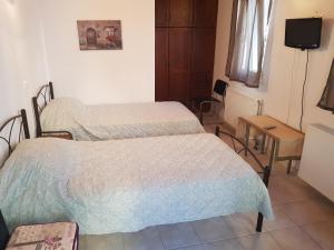 two beds in a small room with a television at GUEST HOUSE KALLIOPI in Kómi