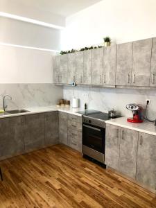 a kitchen with stainless steel appliances and wooden floors at New delux studio with wooden floor in Chania