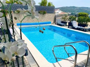 a swimming pool with blue water and white flowers at Villa Isabella in Sevid