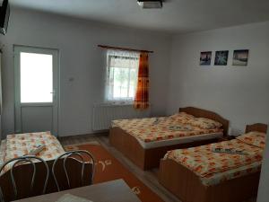 a bedroom with two beds and a window at Kacsó Apartma in Ocna de Sus
