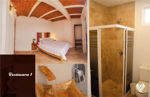 - une chambre avec un lit, une douche et une salle de bains dans l'établissement Casa Bonita, à Guanajuato