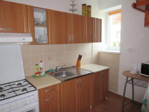a kitchen with wooden cabinets and a sink and a stove at Apartmany Jaruska in Nová Lesná