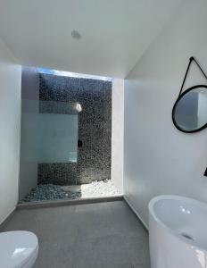 a bathroom with a shower and a toilet and a sink at Moringa Resort - Studio A with Pool open air shower & Bath in Willemstad +23 photos