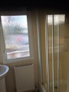 a bathroom with a shower and a sink and a window at Pant yr onen holidays in Llandrindod Wells +74 photos