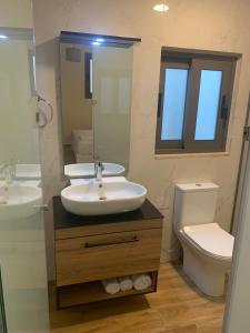 ein Badezimmer mit einem Waschbecken, einem WC und einem Spiegel in der Unterkunft Lavender Villas Agios Nikitas , Lefkada in Agios Nikitas
