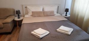1 dormitorio con 1 cama con 2 almohadas en Lyra Apartment en Sfântu-Gheorghe