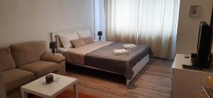 スフントゥ・ゲオルゲにあるLyra Apartmentの小さなベッドルーム(ベッド1台、ソファ付)