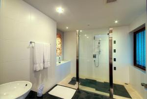 Patong Seaview Luxury Villa Penda في شاطيء باتونغ: حمام مع دش ومغسلة ومرحاض