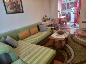 uma sala de estar com um sofá verde e uma mesa em Stan na dan Novi Grad em Bosanski Novi