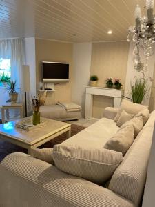 uma sala de estar com dois sofás e uma televisão em Ferienwohnung Lea em Bad Karlshafen