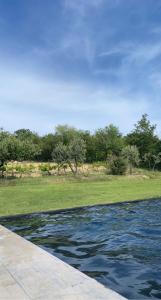 a body of water next to a field with trees at 1832 La Rabassière in Malaucène