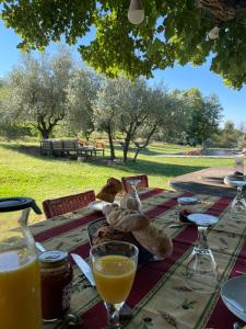 a picnic table with a plate of bread and orange juice at 1832 La Rabassière in Malaucène