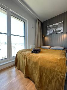 sypialnia z dużym łóżkiem z żółtą narzutą w obiekcie Halo Apartments we Wrocławiu