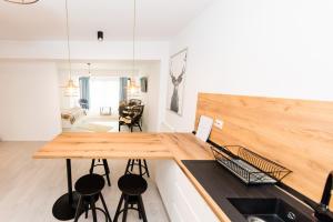 a kitchen with a counter with a wooden counter top at Anastasia Studio in Predeal