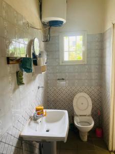 a bathroom with a white sink and a toilet at One World Village Guesthouse in Bakau