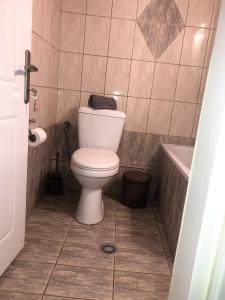 un baño con inodoro y bañera en Pink Rose Apartment, en Nea Peramos