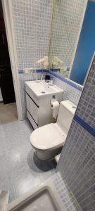 ein Badezimmer mit einem WC, einem Waschbecken und einem Spiegel in der Unterkunft Loft beach blue in Platja  d'Aro