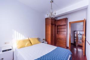 1 dormitorio con 1 cama y armario de madera en Luminoso apartamento reformado en villa termal, en Cuntis