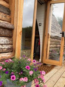 a door to a house with flowers in front of it at Delor - Bryntalch Glamping Pods in Montgomery