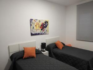 1 dormitorio con 2 camas y un cuadro en la pared en Precioso apartamento con sauna y terraza, en Bas