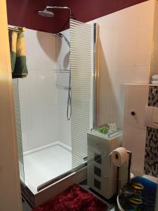 a bathroom with a shower with a glass door at Luxury Gemütliche WOHNUNG in Eigelstein Köln in Cologne
