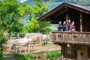 un groupe de personnes debout dans un bâtiment près des vaches dans l'établissement Riemenerhof, à Fügen